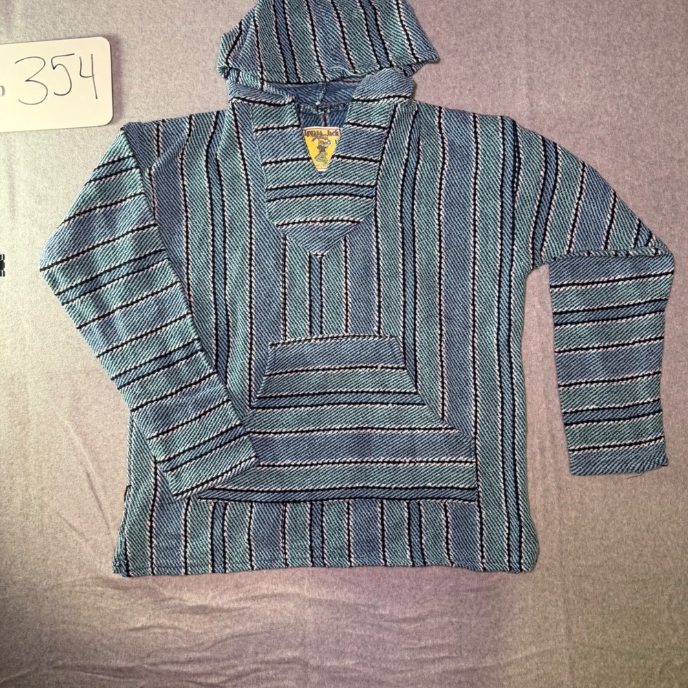 Iguana Jack Mens Blue Striped Baja Hoodie Woven Pullover Size L Mexican Poncho